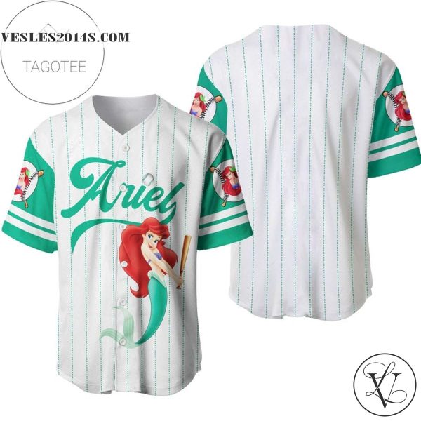 Ariel Princess The Little Mermaid All Over Print Pinstripe Baseball Jersey – White