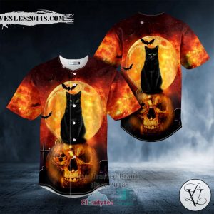Black Cat Halloween Skull Baseball Jersey