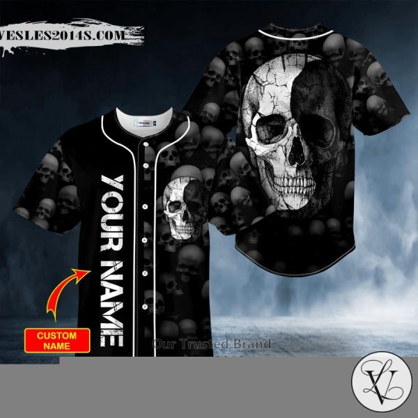 Black White Crack Skull Custom Baseball Jersey