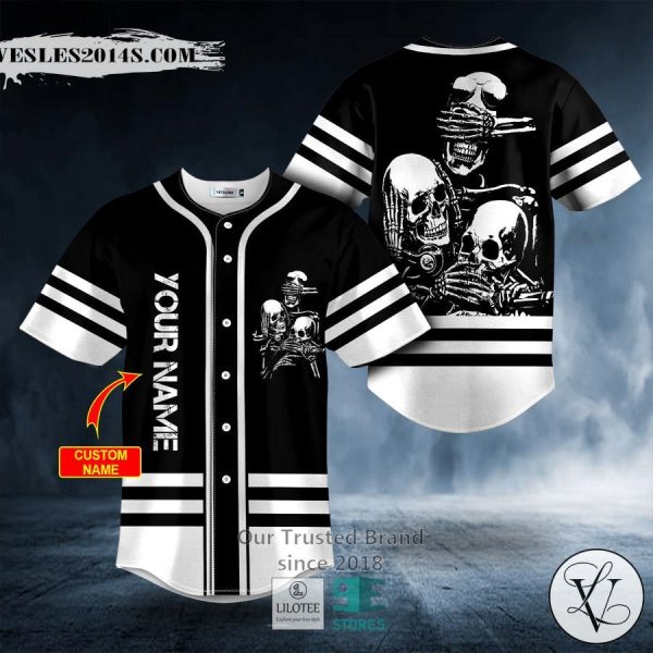 Black & White No Hear No See No Speak Skull Custom Baseball Jersey