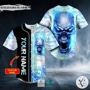 Blue Fire Skull Custom Baseball Jersey
