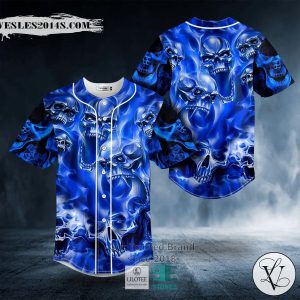 Blue Flame Pile Skull Baseball Jersey