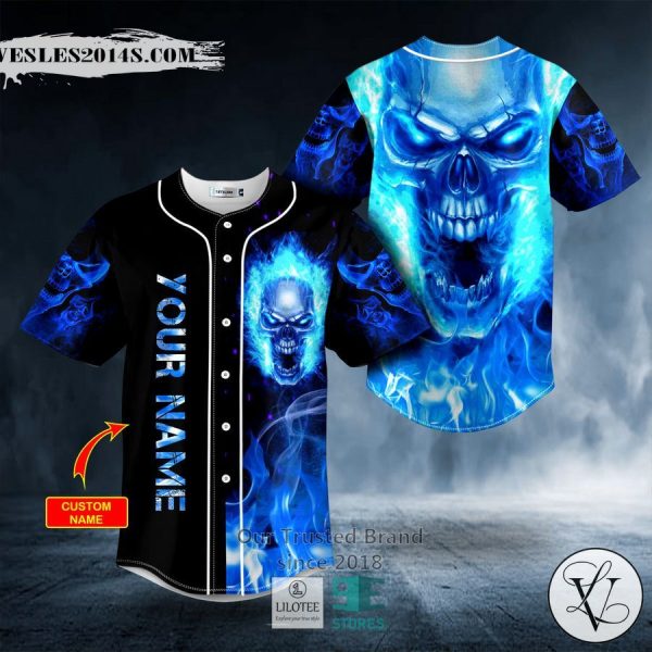 Blue Flaming Skull Custom Baseball Jersey