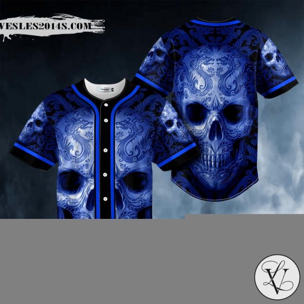 Blue Oriental Skull Baseball Jersey