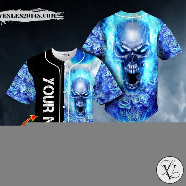Blue Rose Burning Skull Custom Baseball Jersey
