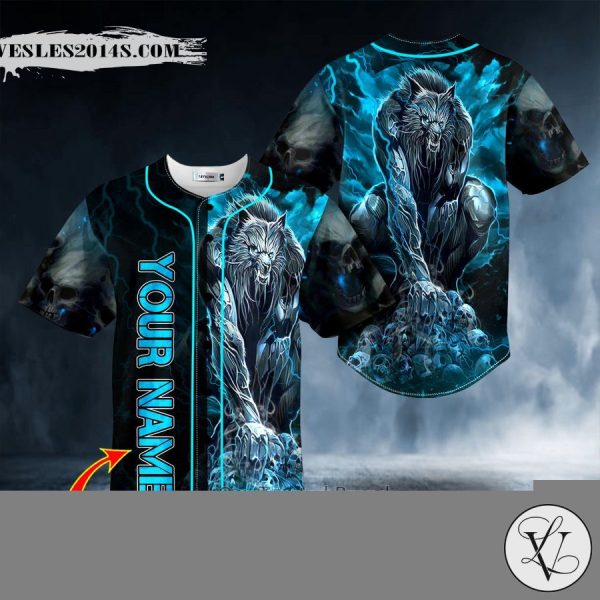 Blue Werewolf On Pile Skull Custom Baseball Jersey