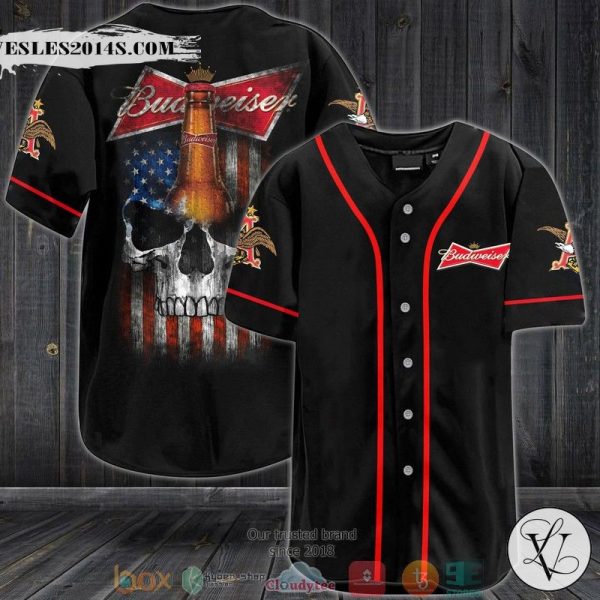 Budweiser US Flag Skull Black Baseball Jersey