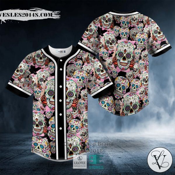 Colored Sugar Skull Doodle Baseball Jersey