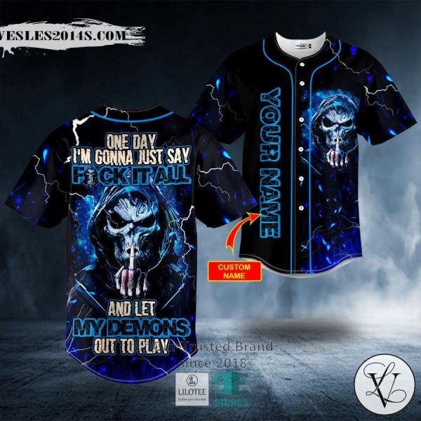 F It All Middle Finger Grim Reaper Blue Lightning Skull Custom Baseball Jersey