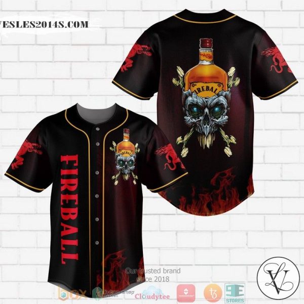 Fireball Cinnamon Whisky Flame Skull Baseball Jersey