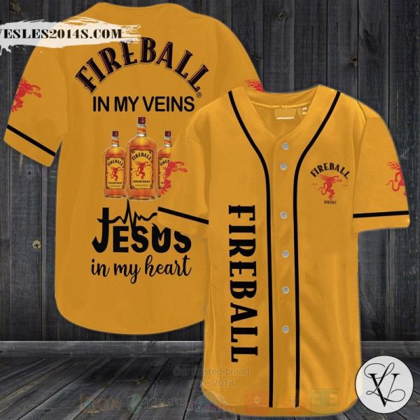 Fireball Cinnamon Whisky In My Veins Jesus Is My Heart Baseball Jersey Shirt