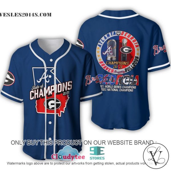 Georgia Bulldogs X Atlanta Braves 2021 State of Champions Blue Baseball Jersey