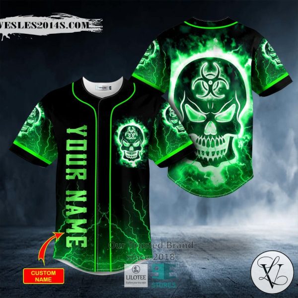 Green Fire Biohazard Skull Custom Baseball Jersey