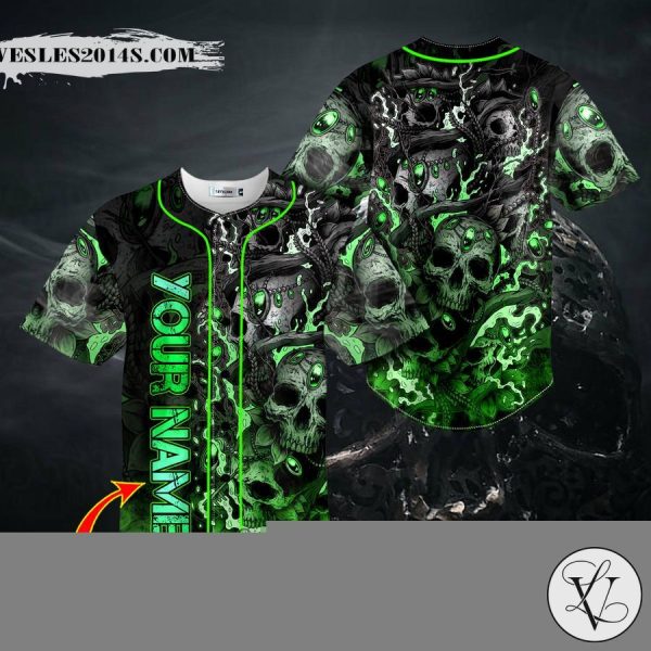 Green Neon Trap Skull Custom Baseball Jersey