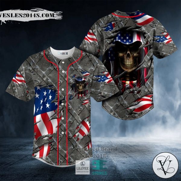 Grim Reaper American Flag Patriotic Skull Baseball Jersey