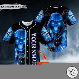 Grim Reaper Blue Fire Lightning Skull Custom Baseball Jersey