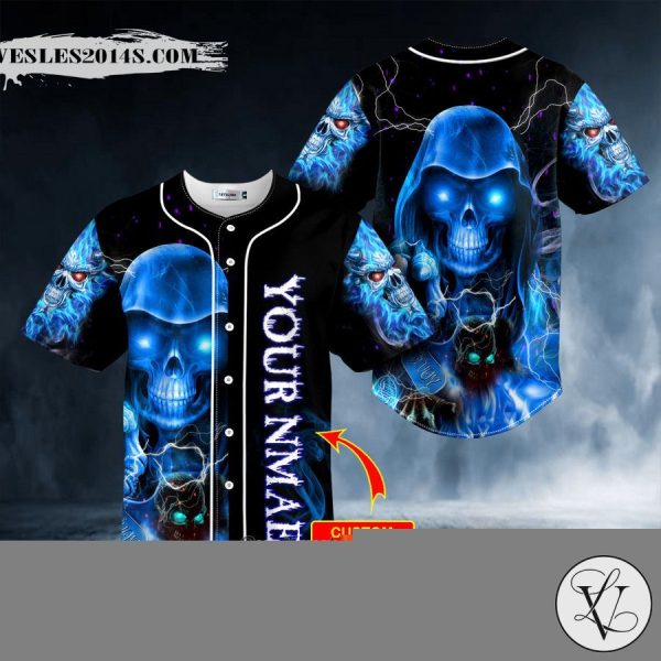 Grim Reaper Blue Fire Lightning Skull Custom Baseball Jersey