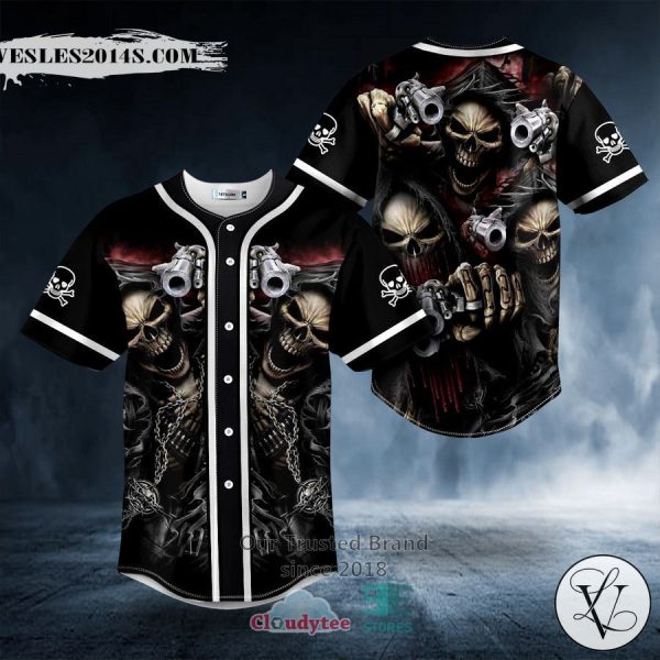 Grim Reaper Fire Gun Skull Baseball Jersey