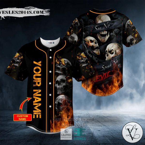 Hear No See No Speak No Evil Flame Skull Custom Baseball Jersey