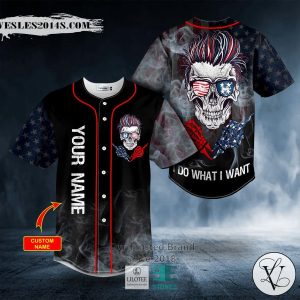 I Do What I Want USA Flag Sunglasses Middle Finger Skull Custom Baseball Jersey
