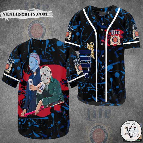 Jason Voorhees vs. Michael Myers Drink Miller Lite Baseball Jersey