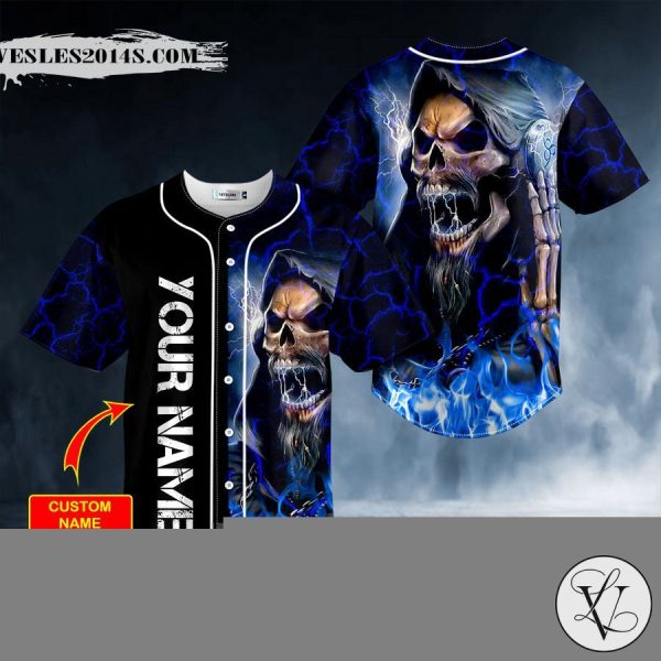 Melodic Death Metal Grim Reaper Blue Fire Skull Custom Baseball Jersey