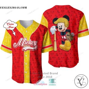 Mickey Mouse Custom Name Red Yellow Baseball Jersey Shirt