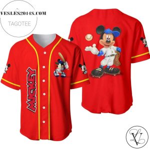 Mickey Mouse Playing Baseball All Over Print Baseball Jersey – Red
