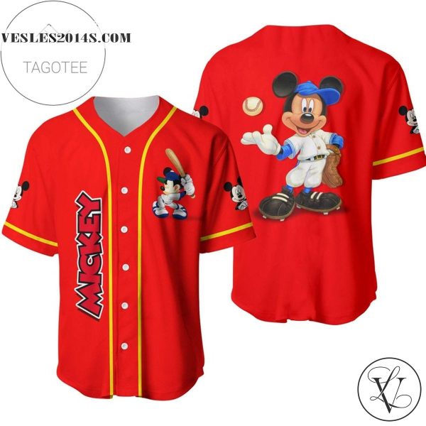 Mickey Mouse Playing Baseball All Over Print Baseball Jersey – Red
