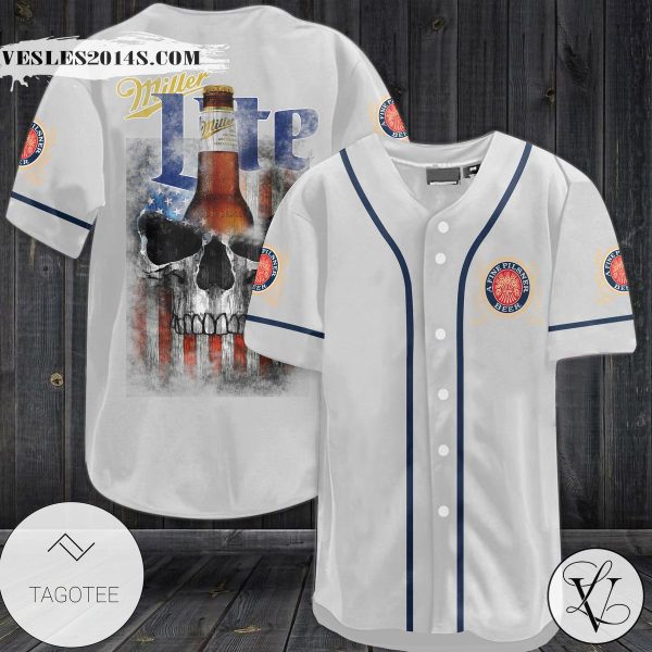 Miller A Fine Pilsner Beer US Flag Skull Baseball Jersey