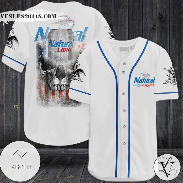 Natural Light US Flag Skull White Baseball Jersey