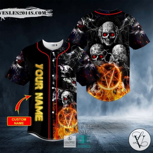 No See No Hear No Speak Evil Pentagram Fire Skull Custom Baseball Jersey