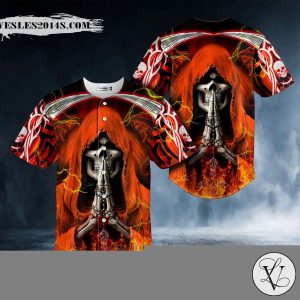 Orange Grim Reaper Prayer Fire Skull Baseball Jersey