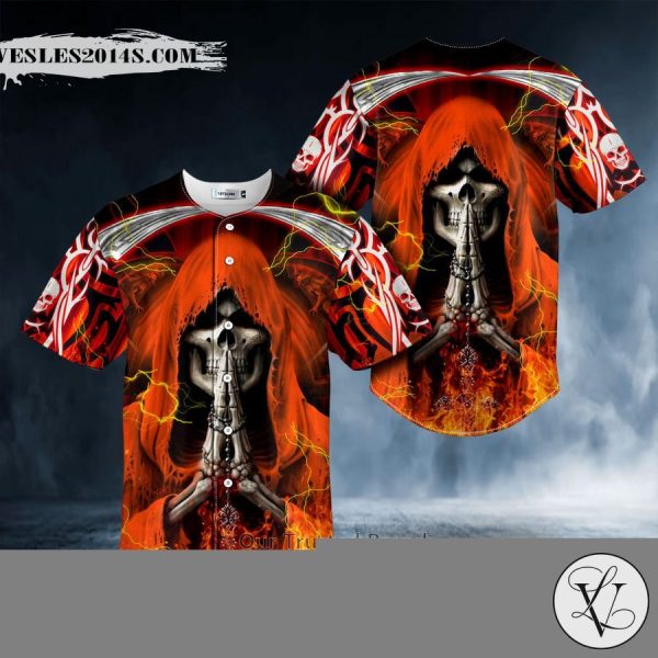 Orange Grim Reaper Prayer Fire Skull Baseball Jersey