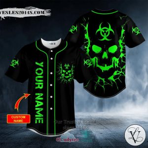 Personalized Biohazard Symbol Green Flame Skull Custom Baseball Jersey