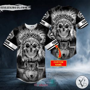 Personalized Black White Wolf N Native Skull Custom Baseball Jersey