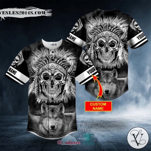 Personalized Black White Wolf N Native Skull Custom Baseball Jersey