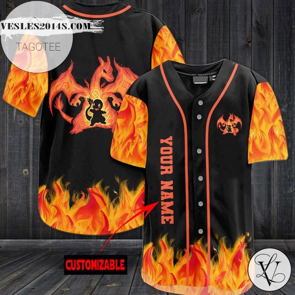 Personalized Charizard Fire Baseball Jersey – Black