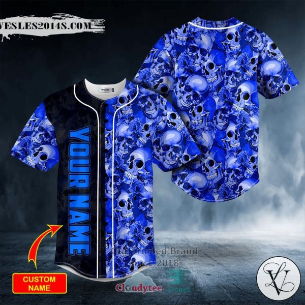 Personalized Dark Blue Flame Pile Skull Custom Baseball Jersey