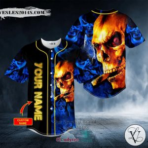 Personalized Golden Smoking Blue Smoke Skull Custom Baseball Jersey