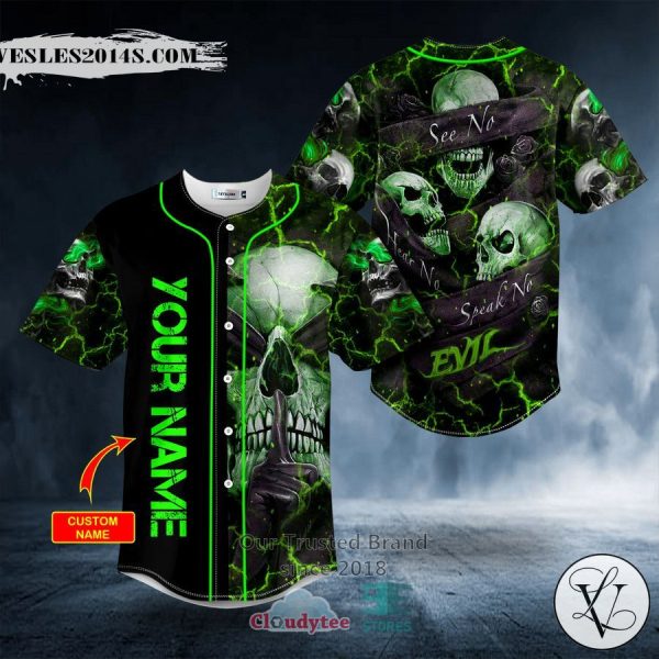 Personalized Hear No Evil See No Evil Speak No Evil Custom Green Skull Baseball Jersey