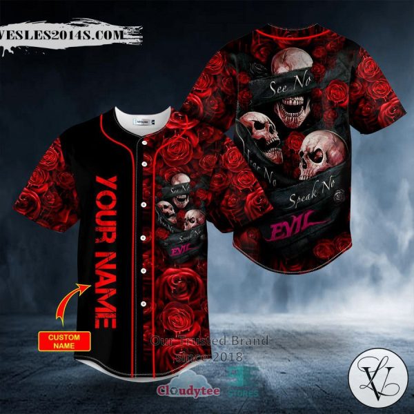 Personalized Hear No Evil See No Evil Speak No Evil Rose Skull Custom Baseball Jersey