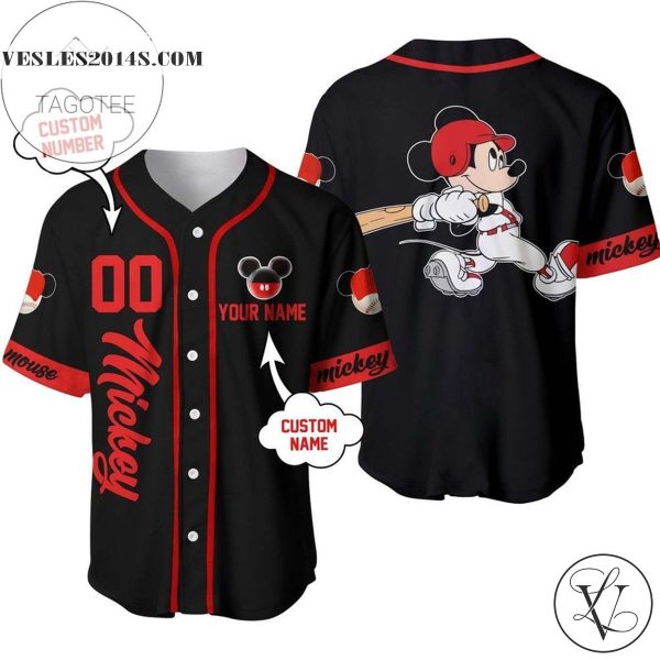Personalized Mickey Mouse Playing Baseball All Over Print Baseball Jersey – Black