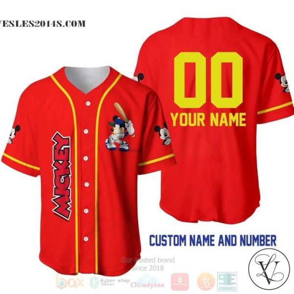 Personalized Mickey Mouse Playing Baseball All Over Print Red Baseball jersey