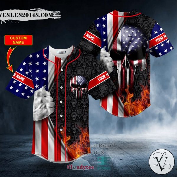Personalized Patriotism U.S Flag Punisher Skull Custom Baseball Jersey