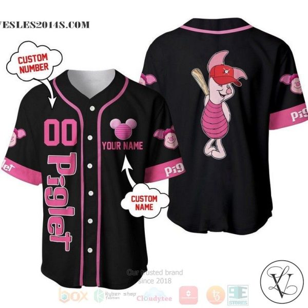 Personalized Piglet Winnie The Pooh Playing Baseball All Over Print Black Baseball jersey