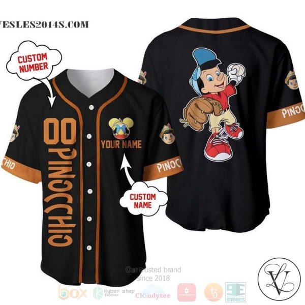 Personalized Pinocchio Playing Baseball All Over Print Black Baseball jersey