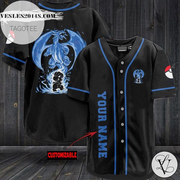 Personalized Powerful Blue Pokemon Baseball Jersey – Black