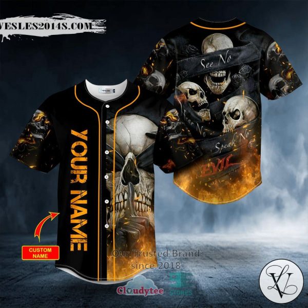 Personalized See Hear Speak No Evil Fire Skull Custom Baseball Jersey