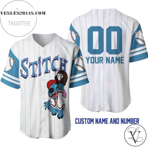Personalized Stitch Disney All Over Print Pinstripe Baseball Jersey – White